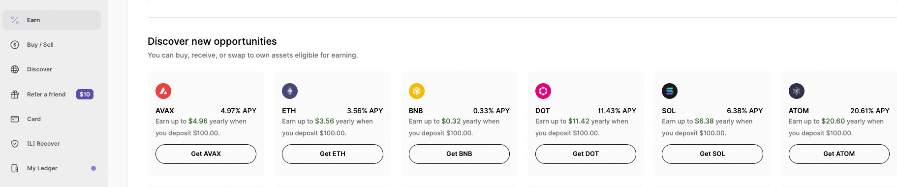 Staking Percentage / APY | © Copyright Ledger 2025 Ledger Live - Earn Section